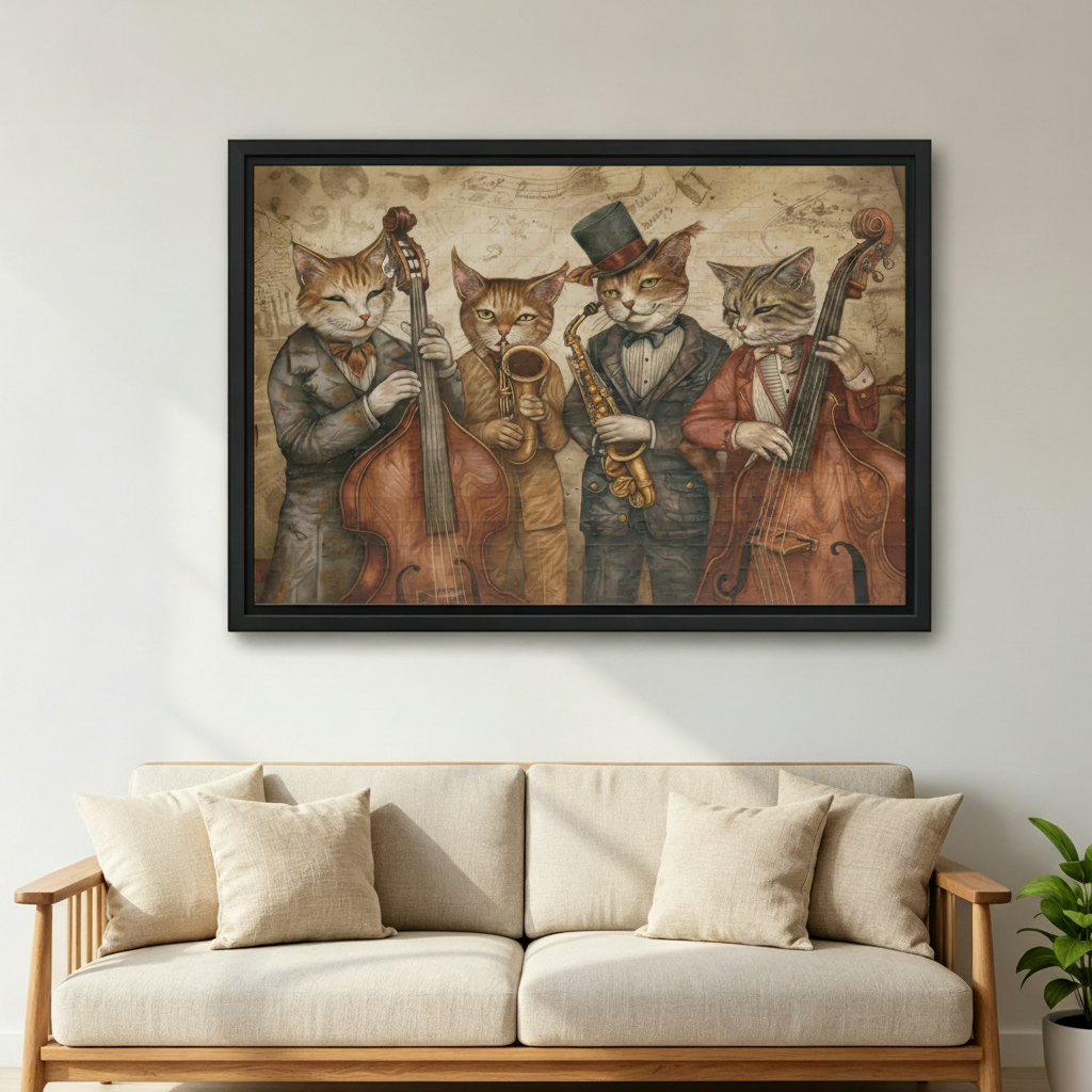 Vintage jazz cat band retro music framed canvas wall art above sofa in living room