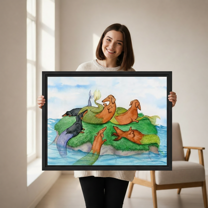 Woman holding whimsical dachshund island framed canvas wall art print lifestyle photo