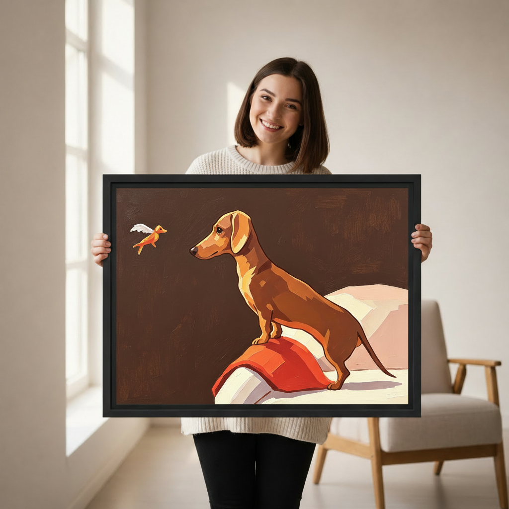Woman holding dachshund and bird whimsical oil painting framed canvas wall art print
