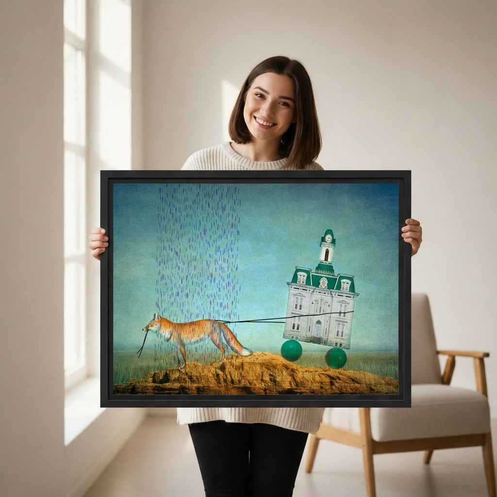 Woman holding fox pulling building surrealist framed canvas wall art print lifestyle photo