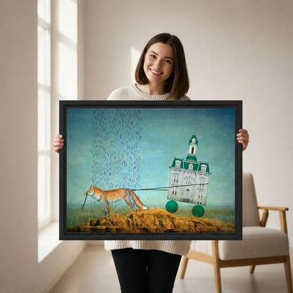Woman holding fox pulling building surrealist framed canvas wall art print lifestyle photo