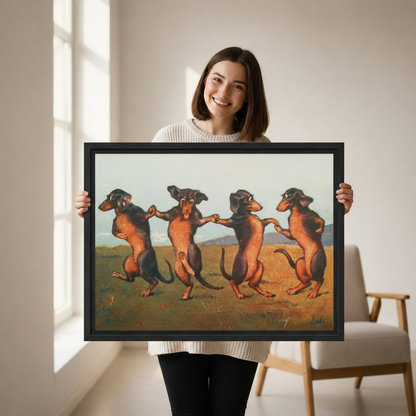 Woman holding dancing dachshunds framed canvas print vintage whimsical dog wall art gift