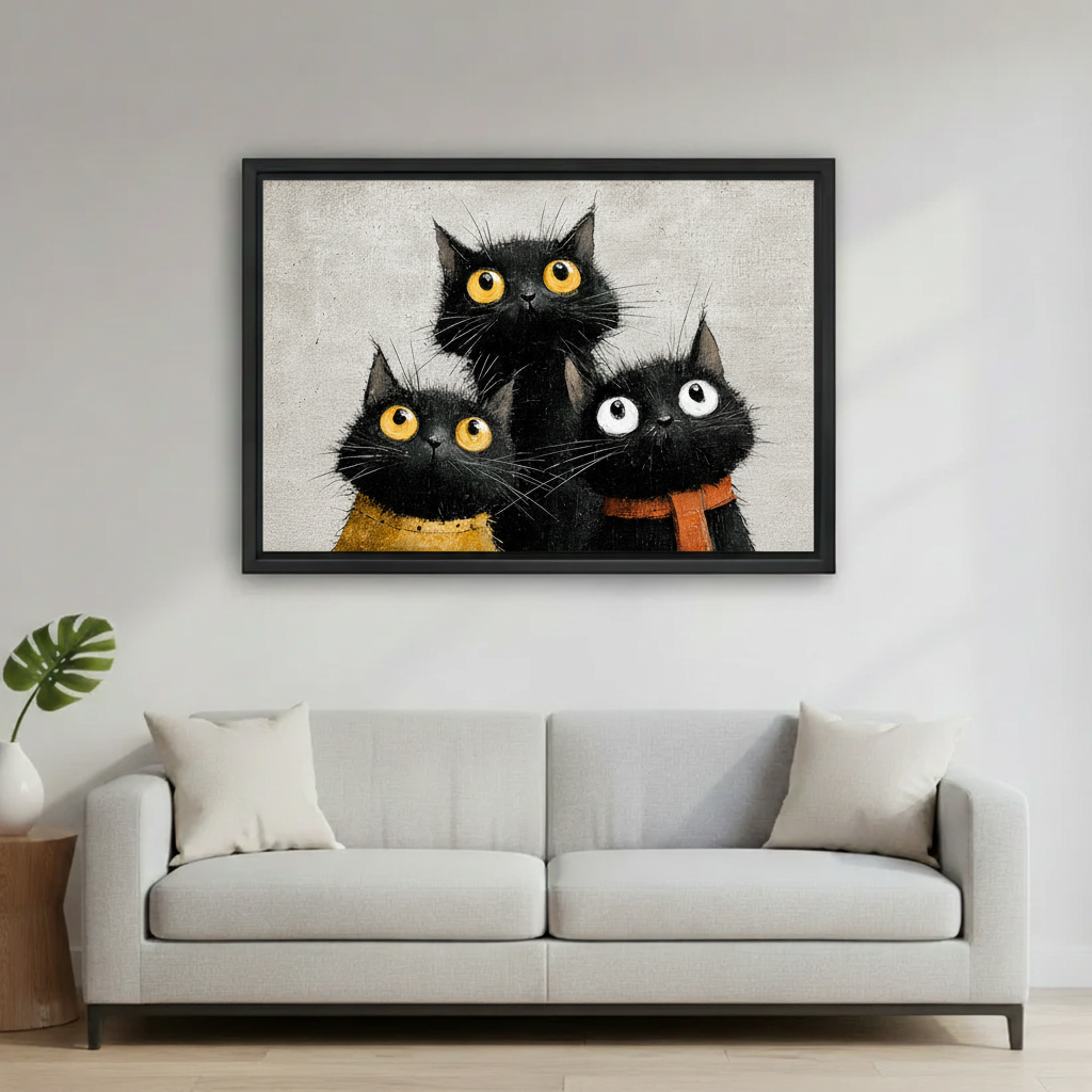 Funny fluffy black cats wall art canvas print, vibrant oil painting texture