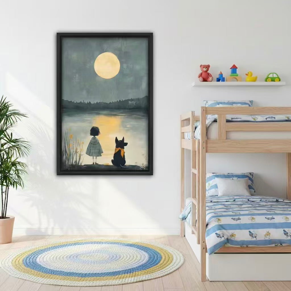 Woman holding moonlit girl and dog framed canvas wall art print