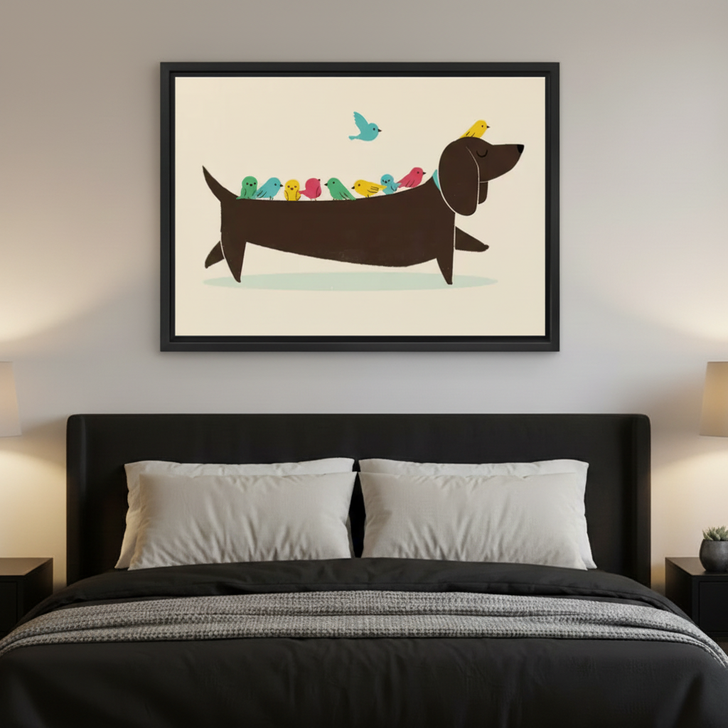 Adorable sausage dog colorful birds mid-century illustration wall art print in black frame above dark grey upholstered bed with white pillows and bedside lamps in moody bedroom