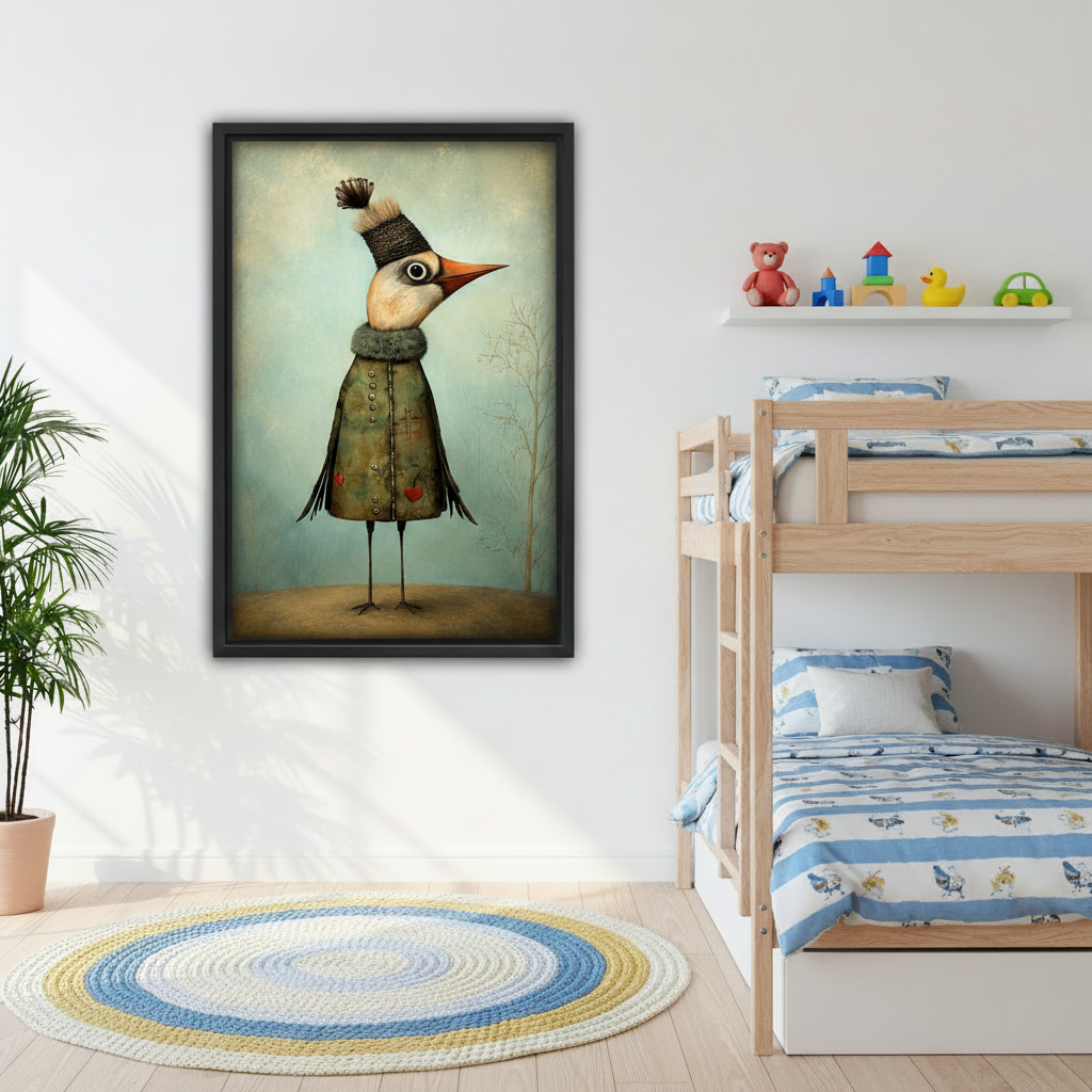 Cute whimsical bird wall art for kids bedroom, quirky bird in green coat and knit hat on teal background, black framed canvas print for children's room decor
