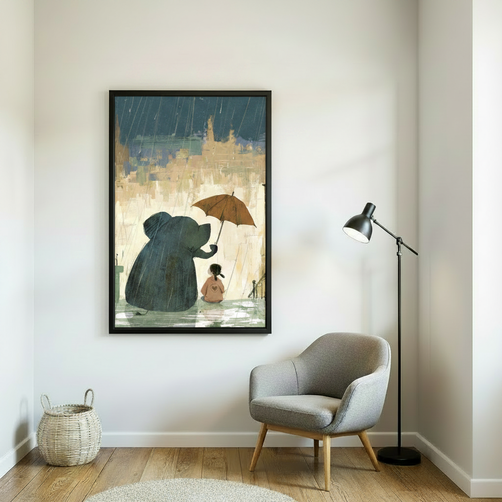 Elephant and girl rainy day framed wall art, black frame, painterly illustration, styled in a minimalist reading nook with grey armchair and floor lamp