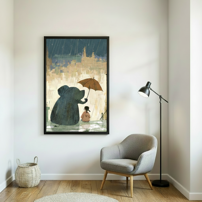 Elephant and girl rainy day framed wall art, black frame, painterly illustration, styled in a minimalist reading nook with grey armchair and floor lamp