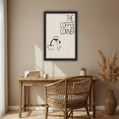 Quirky dog the coffee corner funny minimalist line drawing wall art print in black frame above rustic oak desk with rattan chair pampas grass vase and succulent in warm boho home office