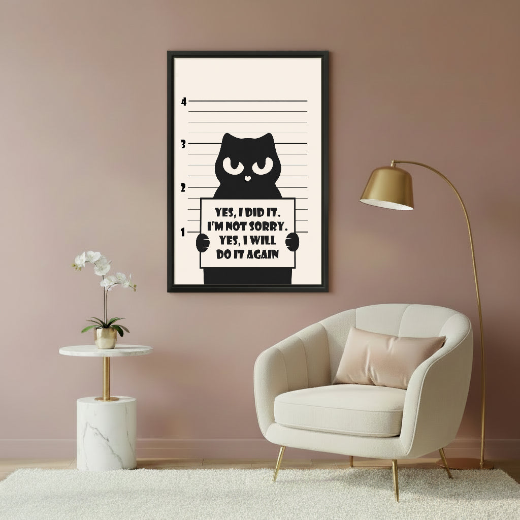 Cheeky black cat police lineup yes I did it humorous wall art print in black frame beside cream armchair with marble side table and gold arc floor lamp in elegant living room

