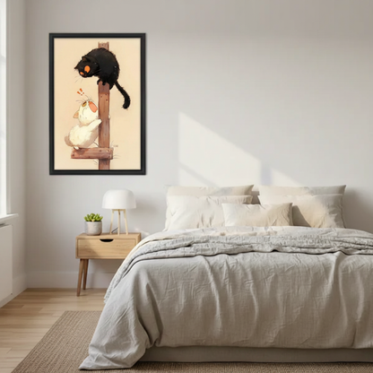 Whimsical black cat and white cat wooden post surprise funny Japanese style wall art print in black frame on bedroom wall above oak nightstand with white lamp and succulent plant in minimalist bedroom