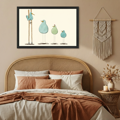 Cute blue green birds stilt standing funny watercolor illustration wall art print in black frame above rattan headboard bed with terracotta linen and macrame wall hanging in boho bedroom