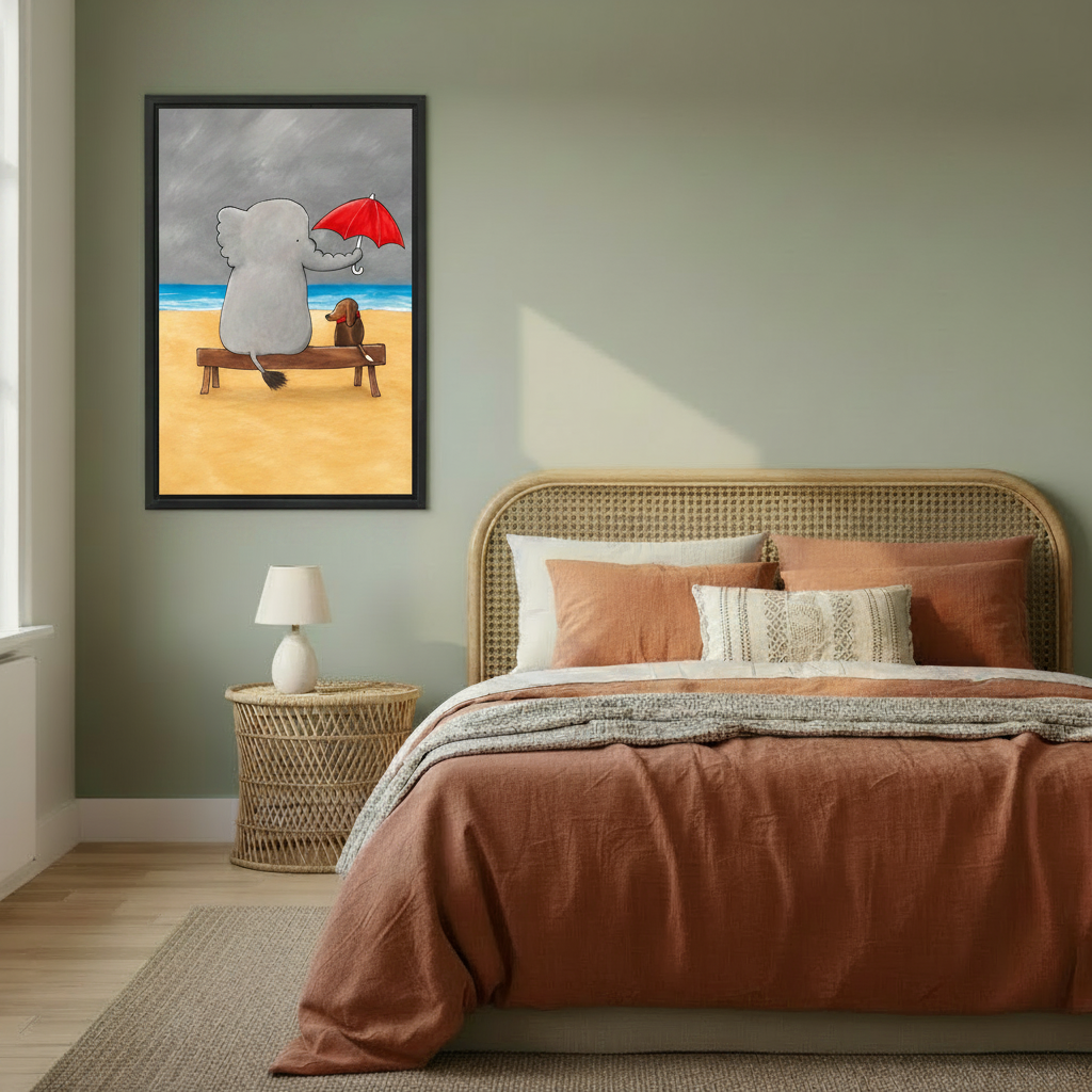 Elephant and dachshund sitting on beach bench with red umbrella framed wall art, black frame, whimsical cartoon friendship illustration grey stormy sky, styled beside a rattan headboard bed in a warm sage green boho bedroom with terracotta bedding