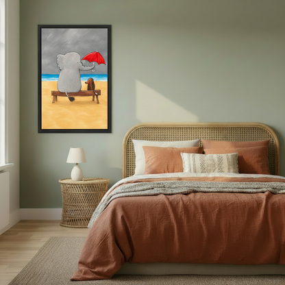 Elephant and dachshund sitting on beach bench with red umbrella framed wall art, black frame, whimsical cartoon friendship illustration grey stormy sky, styled beside a rattan headboard bed in a warm sage green boho bedroom with terracotta bedding