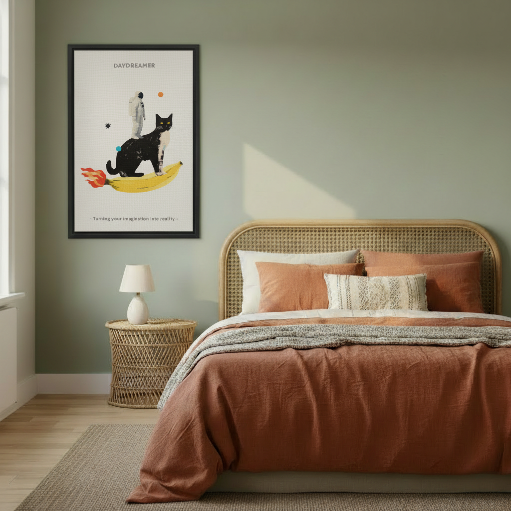 Daydreamer black cat astronaut banana rocket imagination collage wall art print in black frame beside rattan headboard bed with terracotta linen and wicker nightstand in boho bedroom