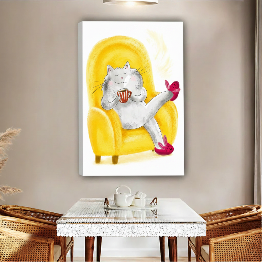Cute cat coffee yellow armchair gallery wrap canvas wall art, whimsical cat lover home decor