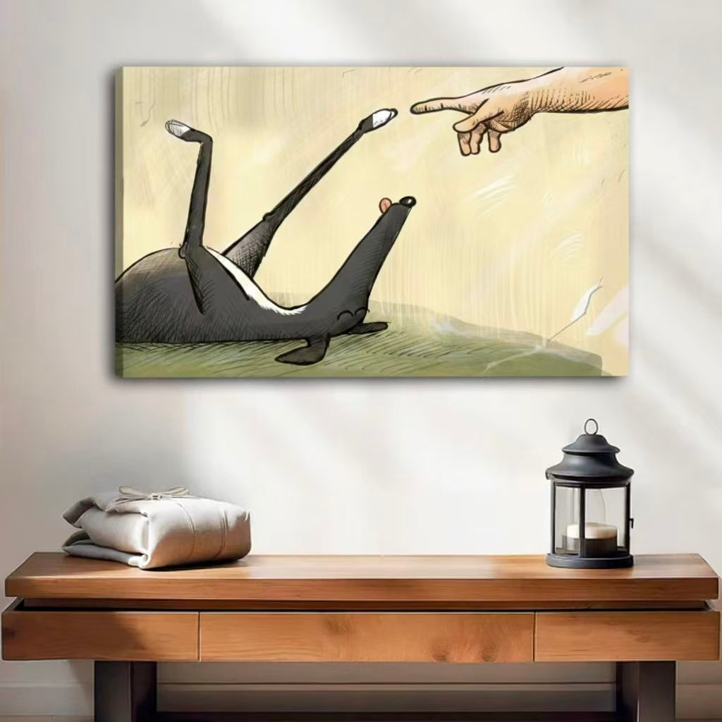 Humorous dog belly rub Michelangelo parody gallery wrap canvas print funny wall art
