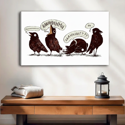 Humorous crow wall art in black floating frame above entryway console table