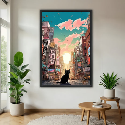 Tokyo Cat Canvas Wall Art - Anime Cityscape Sunset Print|Liberty Signs#L314
