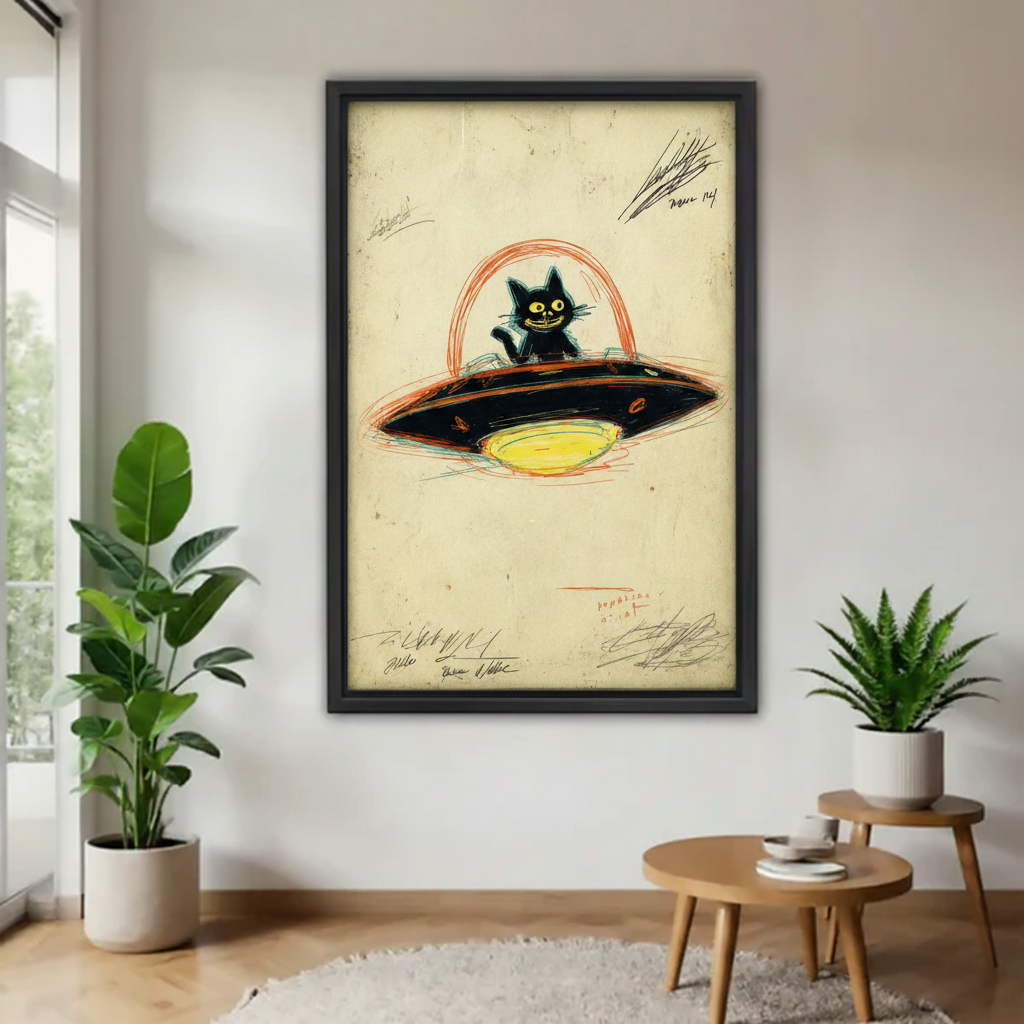 Funny black cat UFO wall art, smiling cat piloting flying saucer in vintage sketch style, black framed canvas print for living room decor

