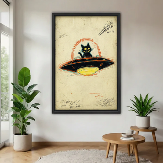Funny black cat UFO wall art, smiling cat piloting flying saucer in vintage sketch style, black framed canvas print for living room decor

