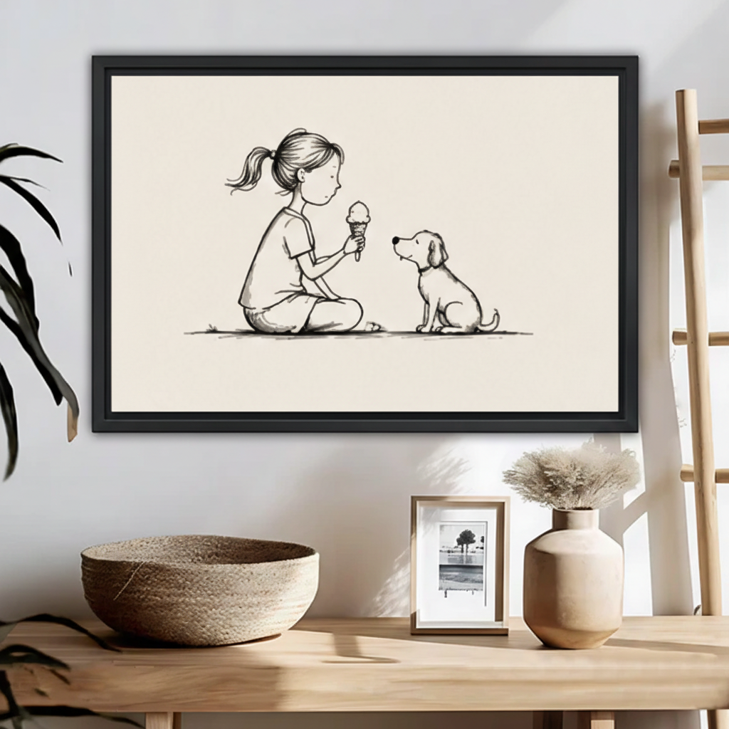 Minimalist girl sharing ice cream cone with dog line drawing wall art print in black frame above wooden console table with woven bowl and ceramic vase in Scandinavian entryway