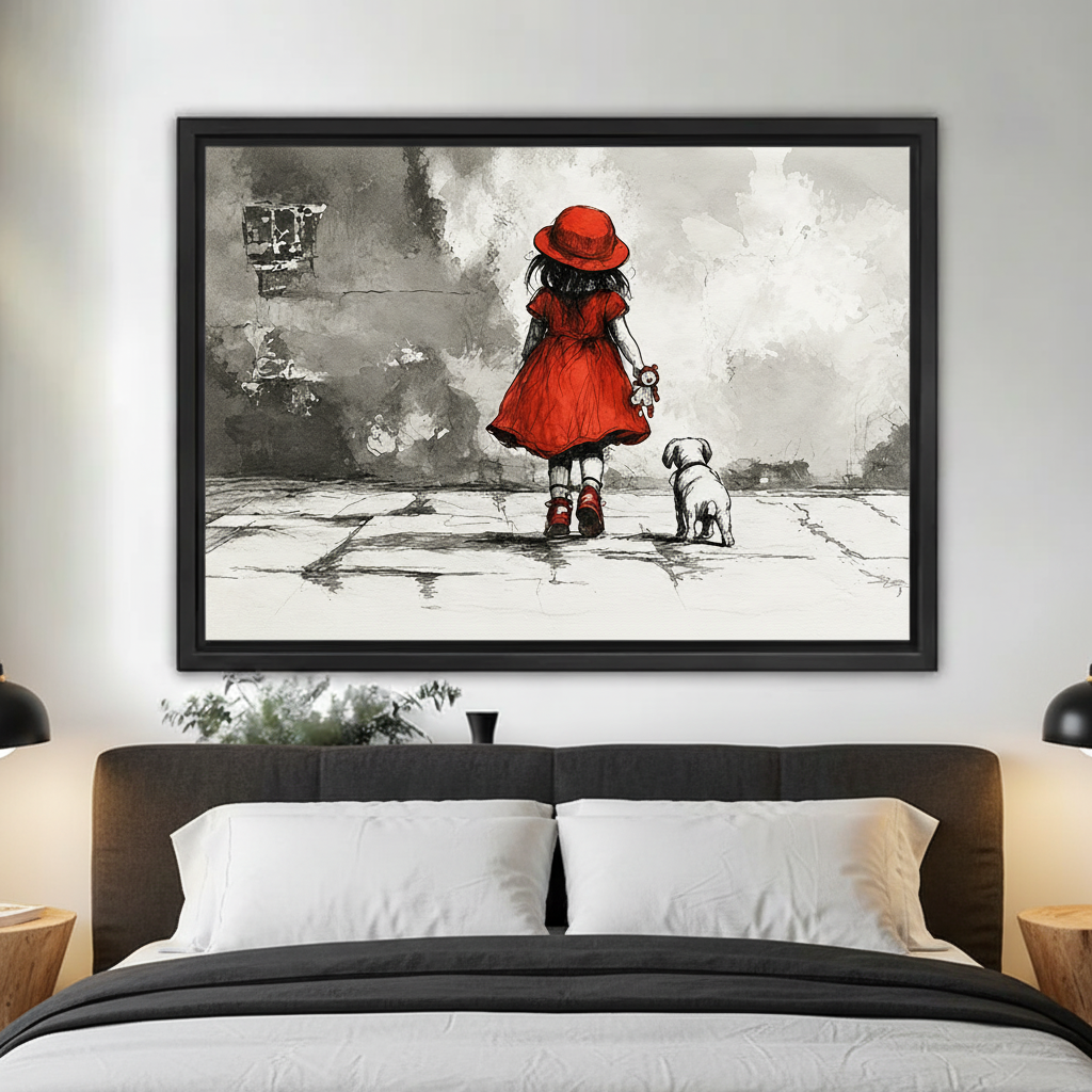 Emotional ink sketch girl in red walking dog canvas print above bed bedroom wall art