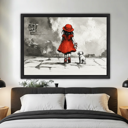Emotional ink sketch girl in red walking dog canvas print above bed bedroom wall art