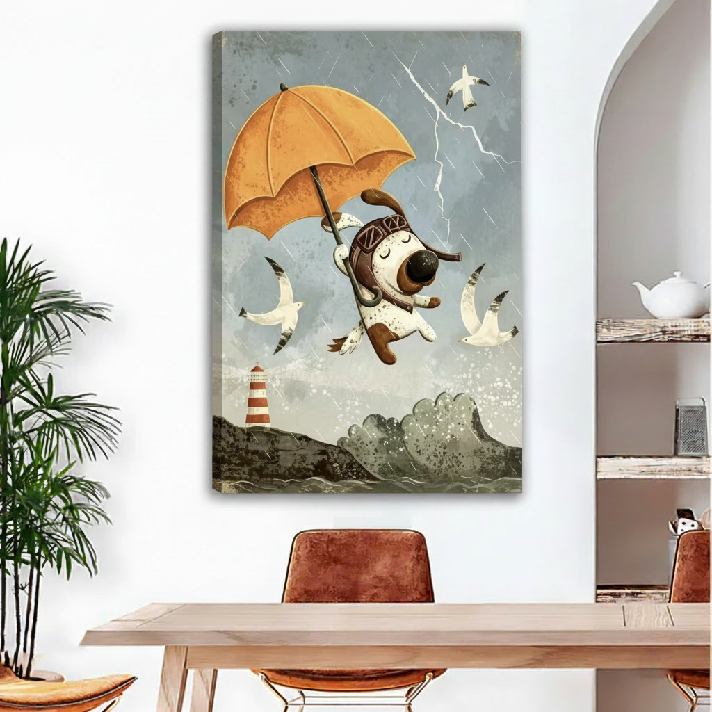 Flying dog umbrella canvas wall art, frameless gallery wrap, vintage adventure illustration for home decor