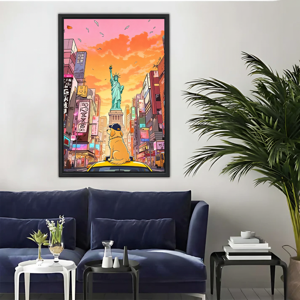 Golden Dog NYC Taxi Canvas Wall Art - Statue of Liberty Cityscape|Liberty Signs#L320