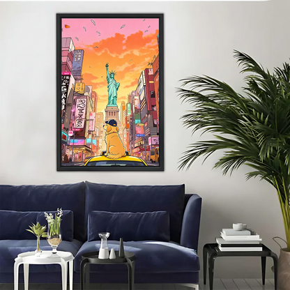 Golden Dog NYC Taxi Canvas Wall Art - Statue of Liberty Cityscape|Liberty Signs#L320