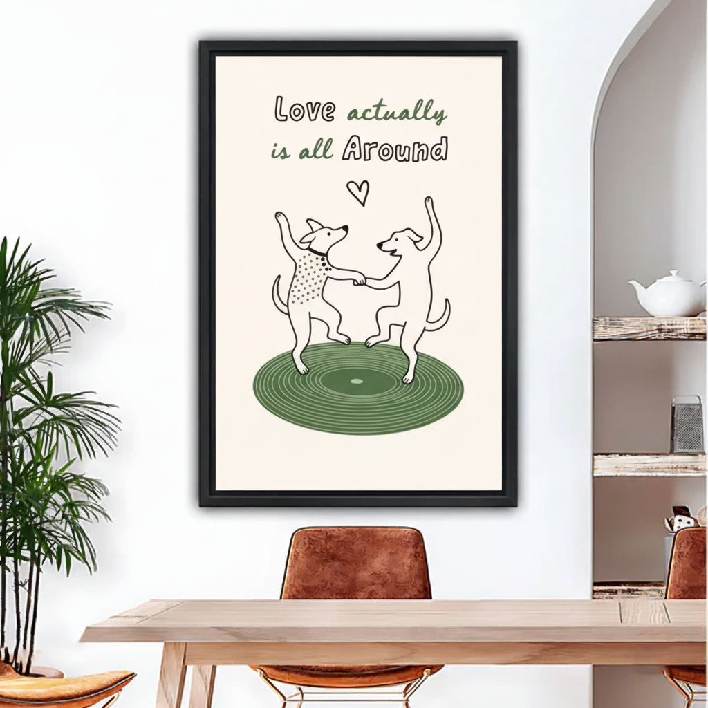 Dancing dogs "Love Actually Is All Around" framed wall art print hanging above dining table, minimalist line art style