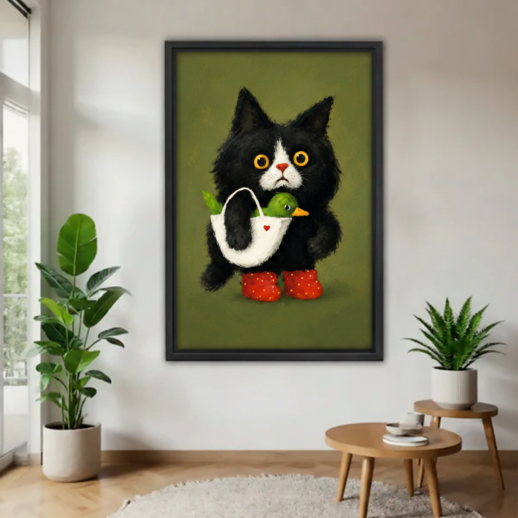 Tuxedo cat holding duck framed canvas wall art hanging in minimalist living room with plants