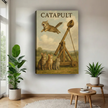Funny cat catapult vintage gallery-wrapped canvas art — frameless wall print of whimsical tabby cats for modern home decor