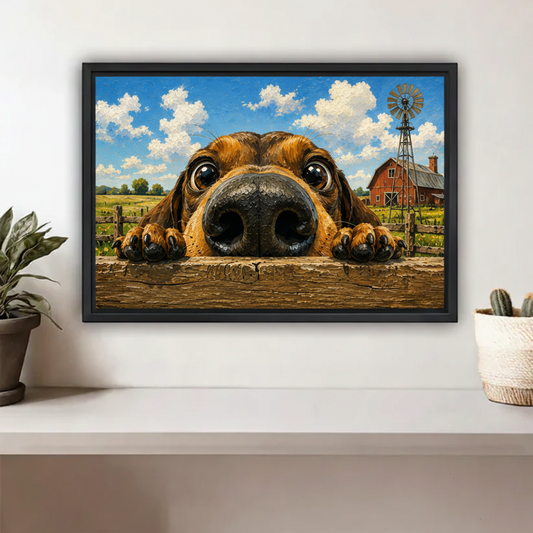 Curious dog peeking over farm fence whimsical oil painting wall art print in black frame on white shelf