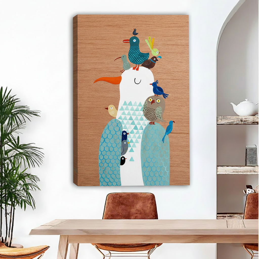 Whimsical stacked birds folk art gallery wrap canvas wall art no frame in dining room, colorful bird stack wood grain wall decor