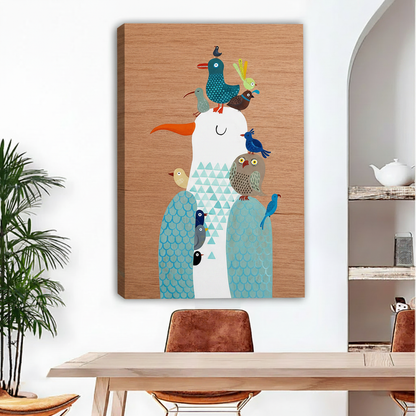 Whimsical stacked birds folk art gallery wrap canvas wall art no frame in dining room, colorful bird stack wood grain wall decor