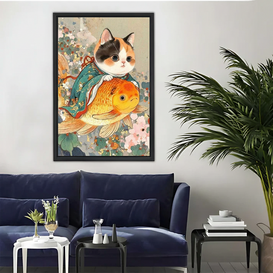 Calico Cat Riding Koi Fish Canvas Wall Art - Japanese Style|Liberty Signs#L328