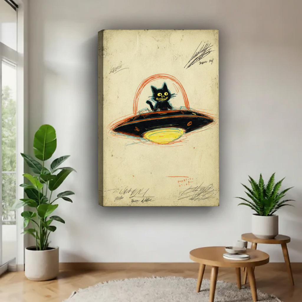 Gallery-wrapped black cat UFO canvas print, grinning cat in flying saucer with retro crayon sketch style on cream background, frameless wall art for modern living room

