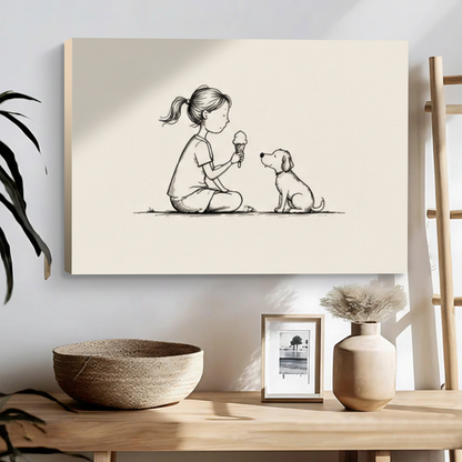 Whimsical girl holding ice cream cone puppy watching float frame canvas wall art above wooden console table with woven bowl and dried grass vase on white wall in contemporary living room
