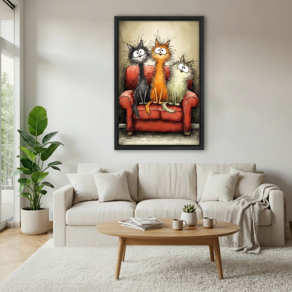 Funny comic cats canvas wall art in black frame – three wild cats on red armchair illustration, displayed in cozy boho bedroom with rattan headboard
