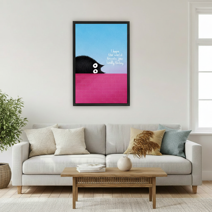 Funny cat wall art in black frame on living room wall, bold colorful canvas print