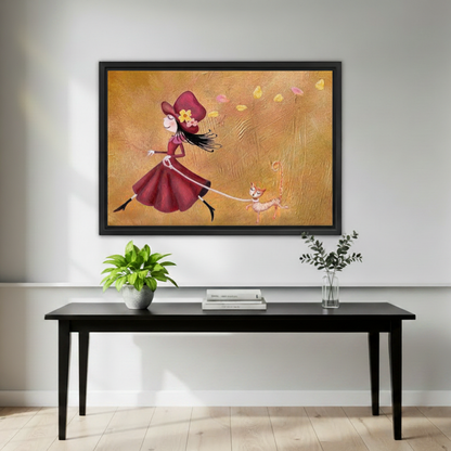 Autumn storybook girl walking dog canvas print above bed romantic bedroom wall art