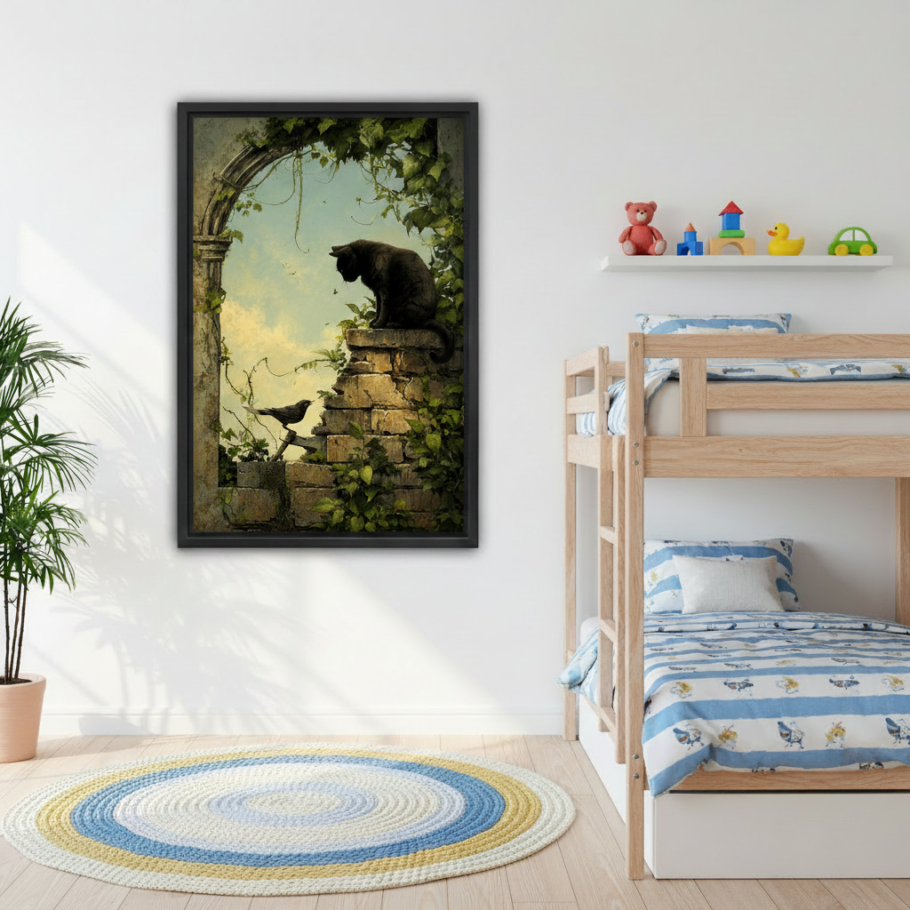 Vintage black cat garden wall art framed canvas hanging on grey sofa living room wall