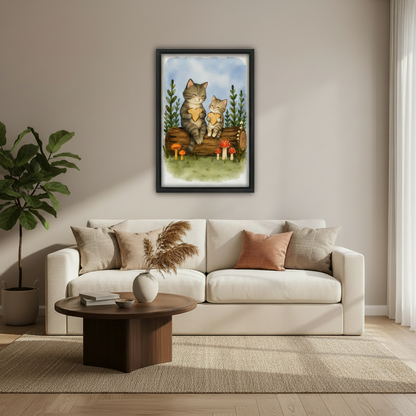 Whimsical cat canvas print above cream sofa in modern living room – framed wall decor