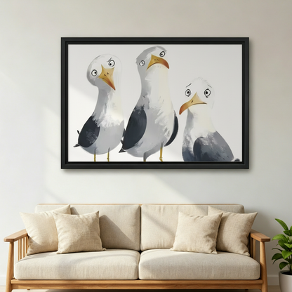 Whimsical seagull canvas wall art in black float frame styled in a bright modern living room above sofa
