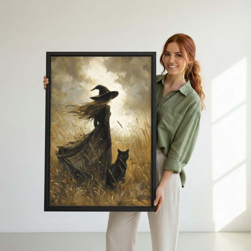 Woman holding dark witch black cat framed art print — gothic wall art lifestyle product photo