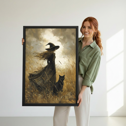 Woman holding dark witch black cat framed art print — gothic wall art lifestyle product photo