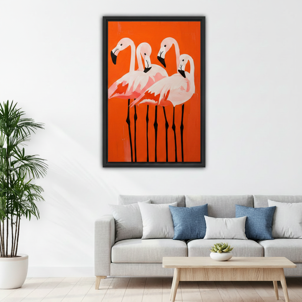 Pink flamingo bold canvas wall art displayed above sofa as colorful living room statement piece