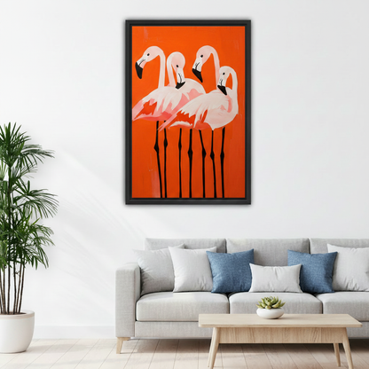Pink flamingo bold canvas wall art displayed above sofa as colorful living room statement piece
